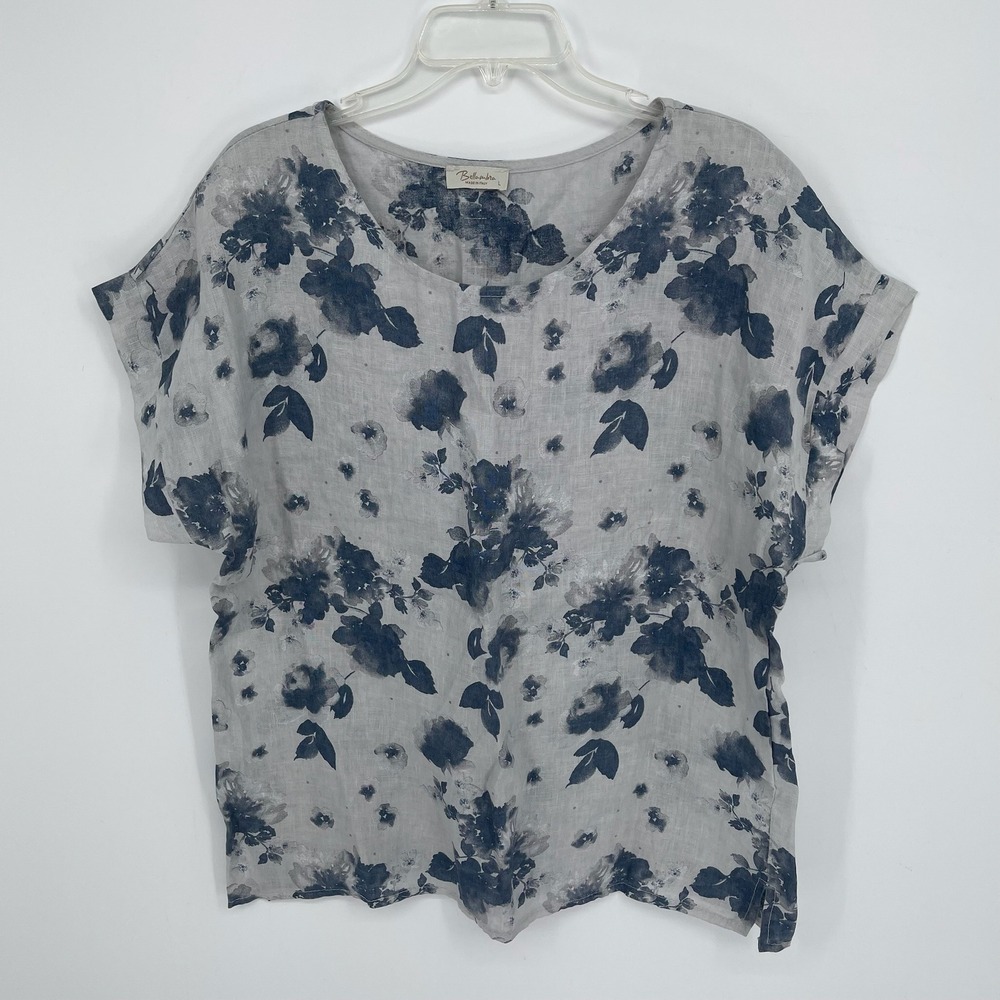 Bellambia Women's Gray Floral Linen Short Sleeve Blouse Size Large